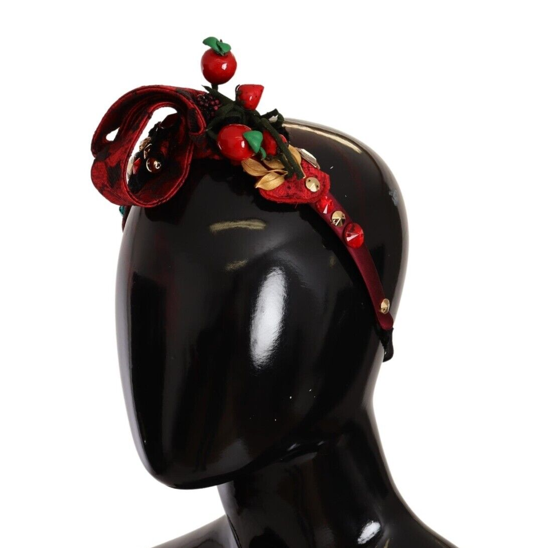 Red tiara with berry and crystal embellishments, Dolce & Gabbana crystal bow headband, ornate diadem for elegant hair accessories.