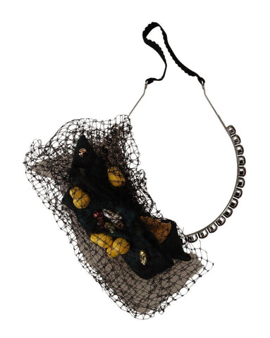 Silver tiara headband with crystal and fruit embellishments, featuring black mesh diadem design by Dolce & Gabbana.