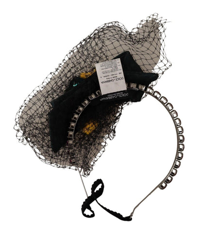 Silver tiara headband with crystal fruits and black mesh diadem by Dolce & Gabbana, featuring intricate design and sparkling details.