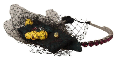 Silver tiara headband with crystal and fruit motifs, featuring black mesh and a diadem design by Dolce & Gabbana.