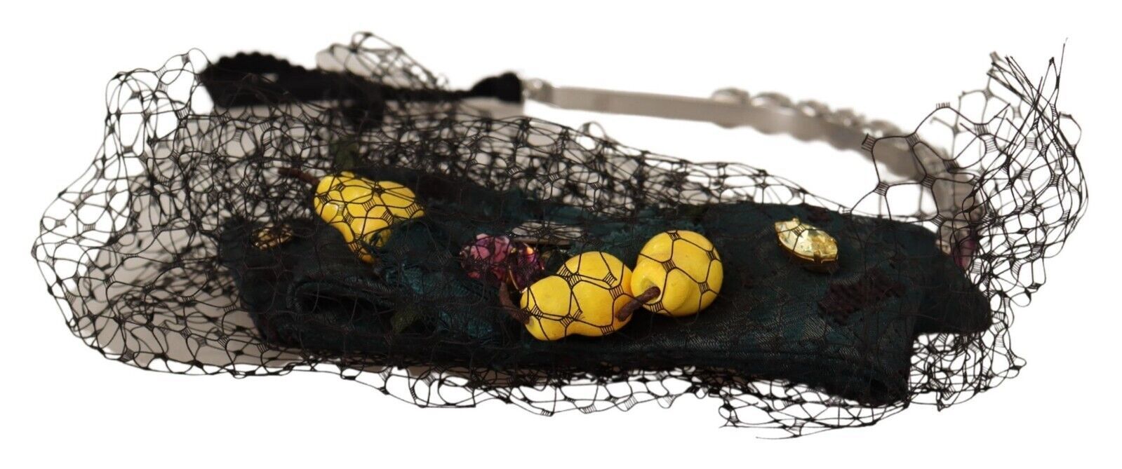 Silver tiara headband with crystal and fruit embellishments, featuring a black mesh diadem design by Dolce & Gabbana.