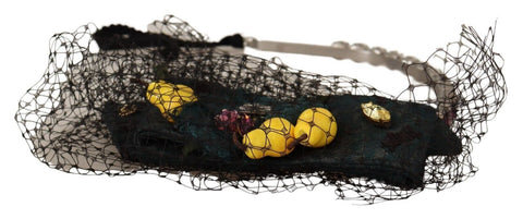 Silver tiara headband with crystal and fruit embellishments, featuring a black mesh diadem design by Dolce & Gabbana.