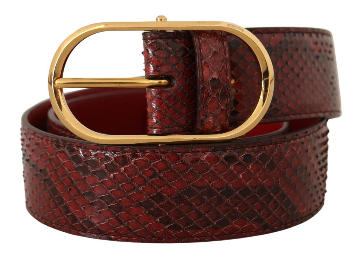 Red exotic leather belt with gold oval buckle from Dolce & Gabbana, featuring a sleek and stylish design.