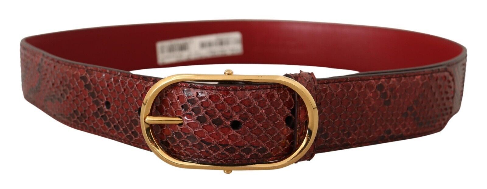 Red exotic leather belt with a gold oval buckle from Dolce & Gabbana, featuring a sleek and stylish design.