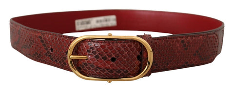 Red exotic leather belt with a gold oval buckle from Dolce & Gabbana, featuring a sleek and stylish design.