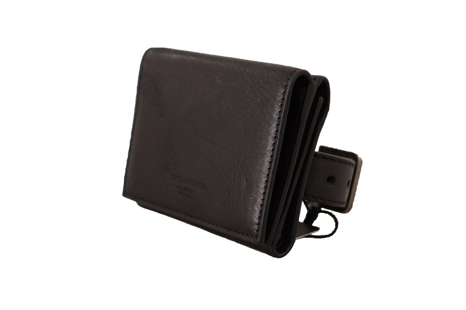 Black leather trifold purse belt wallet by Dolce & Gabbana with multiple card slots and compact design.