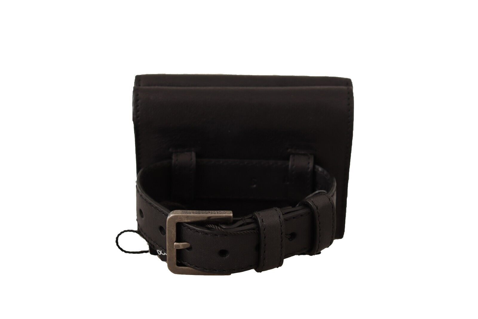 Black leather Dolce & Gabbana tri-fold purse belt with multi-compartment wallet and card slots, stylish and functional accessory.