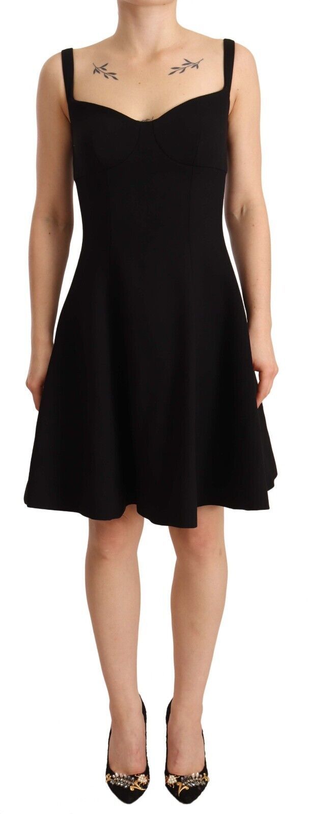 Black fit flare wool stretch sheath dress by Dolce & Gabbana, shown on a mannequin against a plain background.