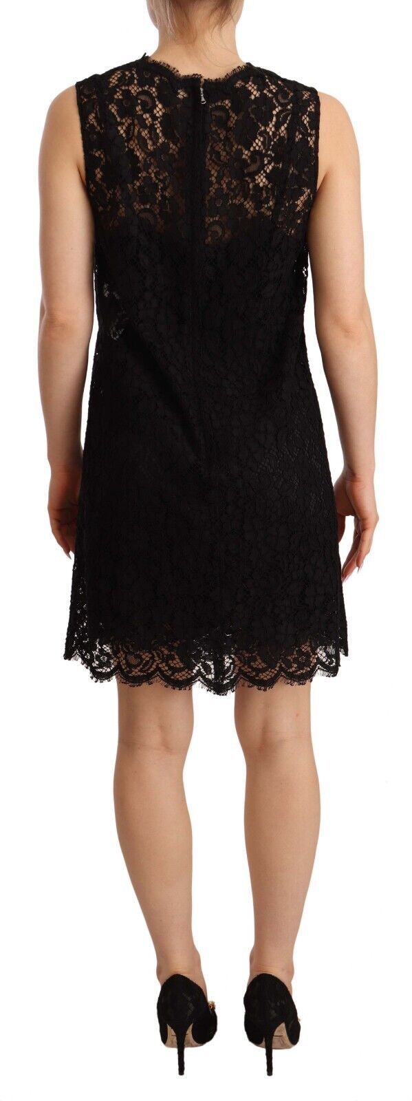 Black floral lace sheath sleeveless mini dress by Dolce & Gabbana, showing intricate lace details and fitted silhouette.