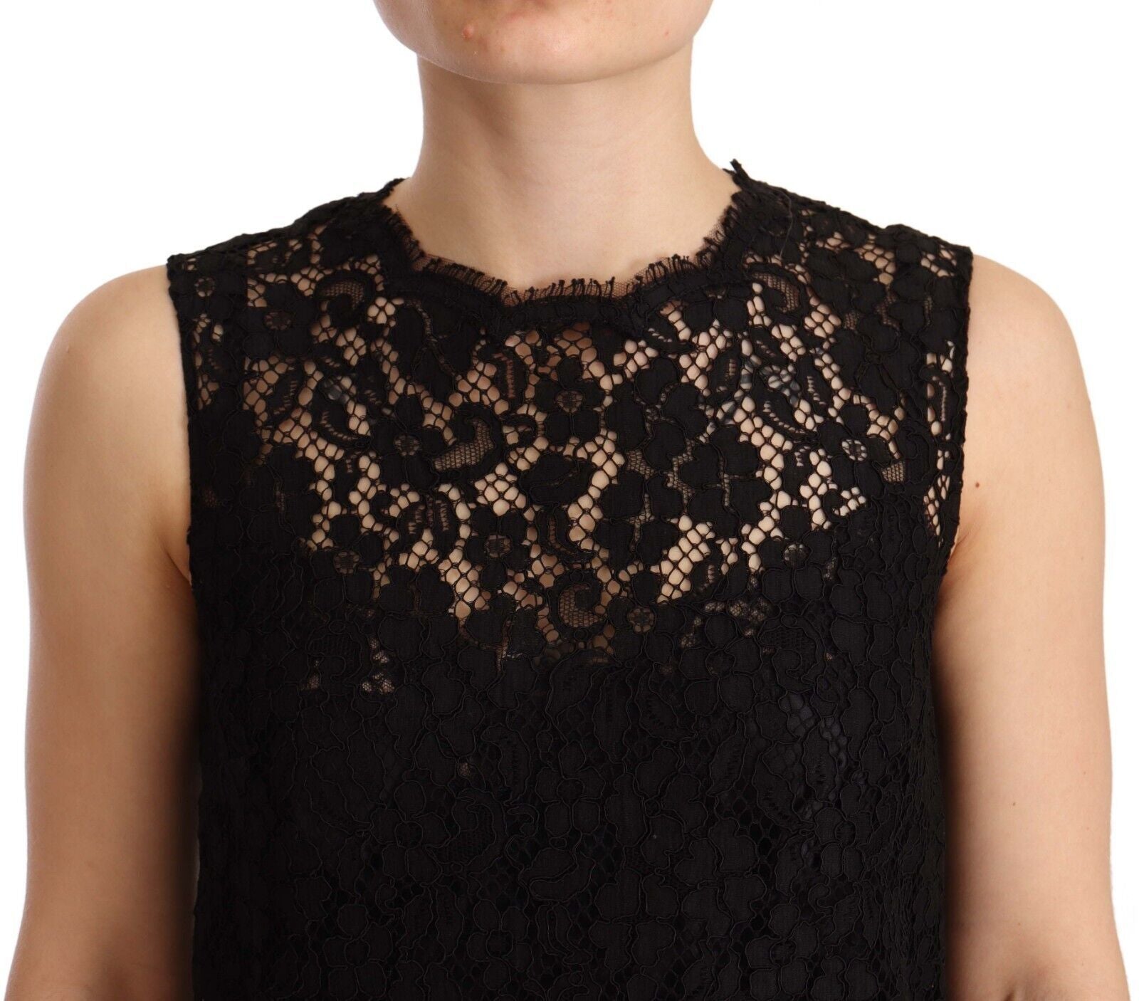 Black floral lace sheath sleeveless mini dress by Dolce & Gabbana, featuring intricate lace details and a fitted silhouette.