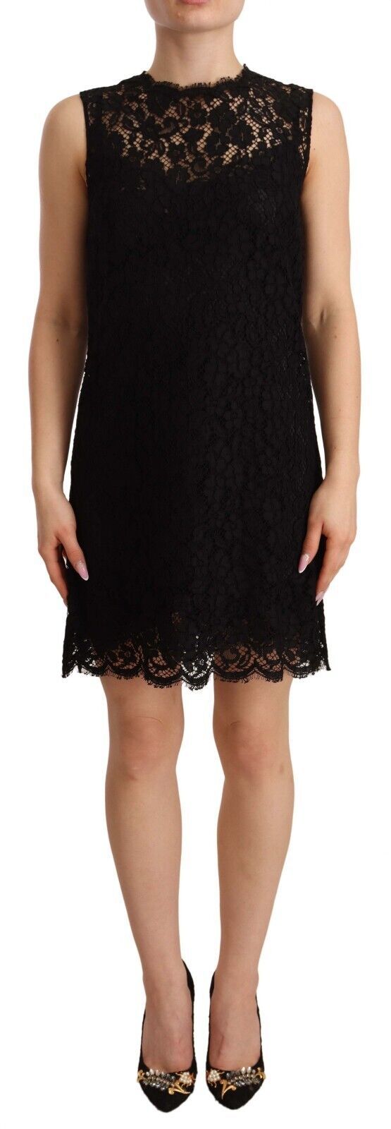 Black floral lace sheath sleeveless mini dress by Dolce & Gabbana, showcasing intricate lace details and a fitted silhouette.