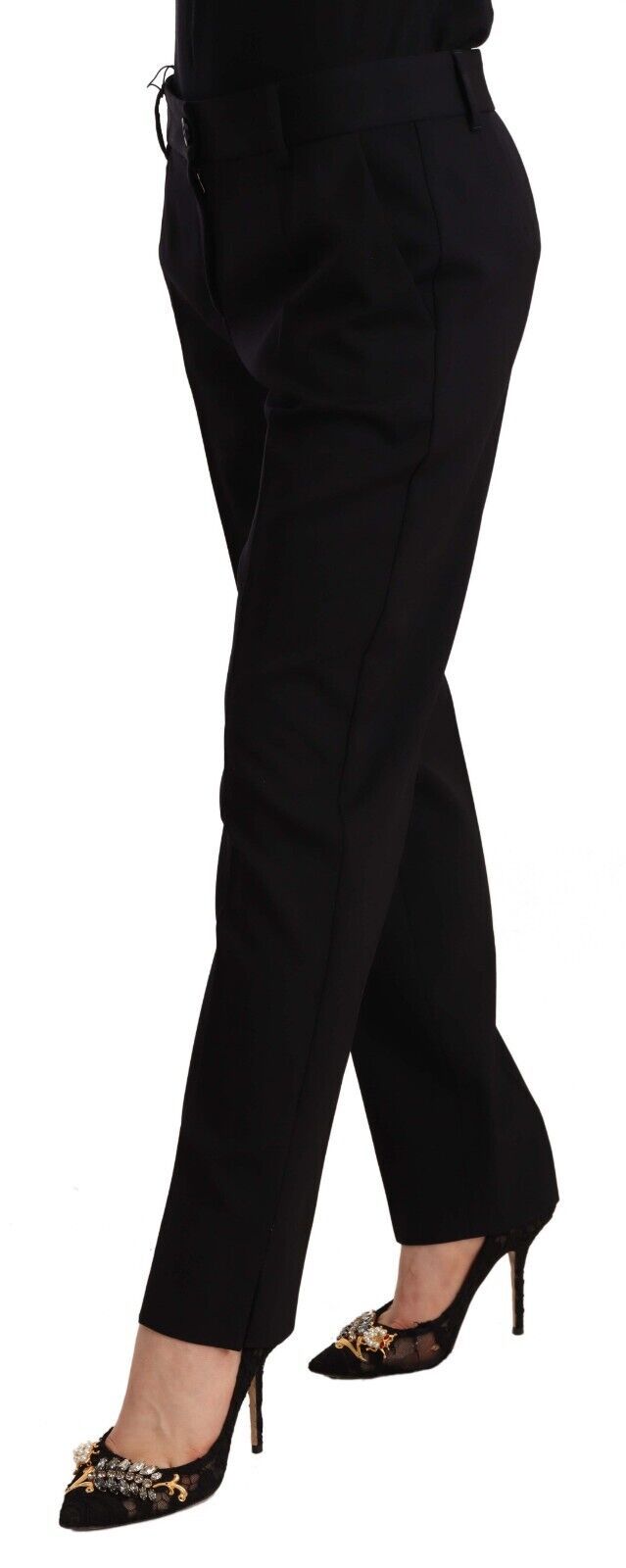 Black mid-rise skinny wool trousers by Dolce & Gabbana, tailored fit with sleek style and subtle detailing.
