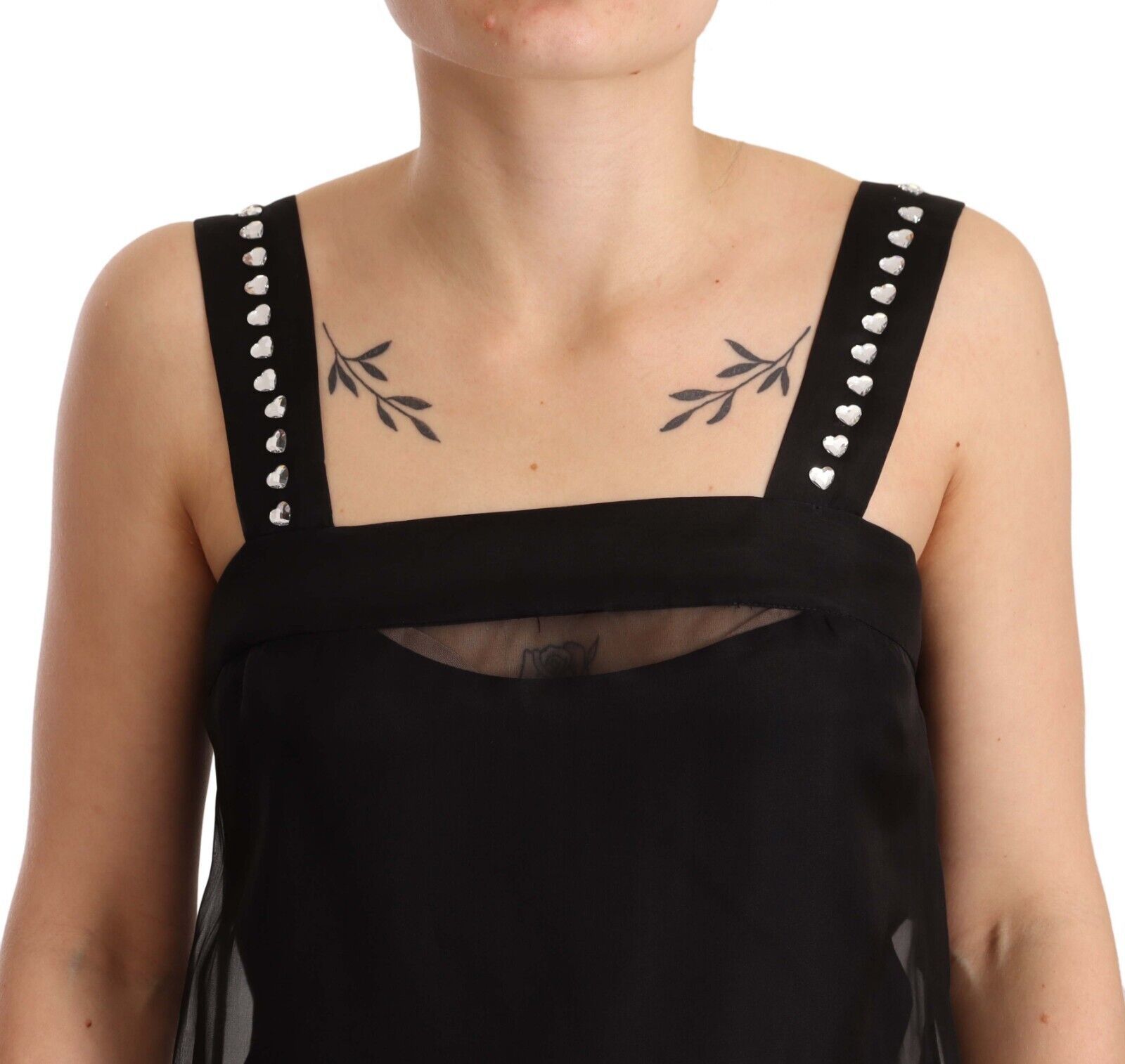 Black silk stretch crystal sheath mini dress by Dolce & Gabbana, fitted silhouette with shimmering crystal embellishments.