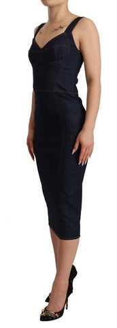 Dark blue cotton denim sheath midi dress by Dolce & Gabbana hanging on a hanger, showcasing its fitted silhouette and classic style.