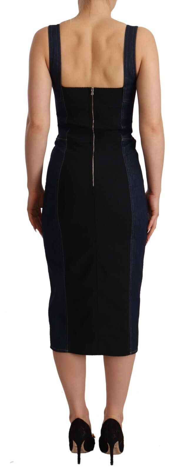 Dark blue cotton denim sheath midi dress by Dolce & Gabbana, with fitted silhouette and classic crew neckline.