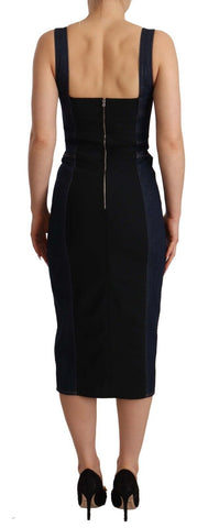 Dark blue cotton denim sheath midi dress by Dolce & Gabbana, with fitted silhouette and classic crew neckline.