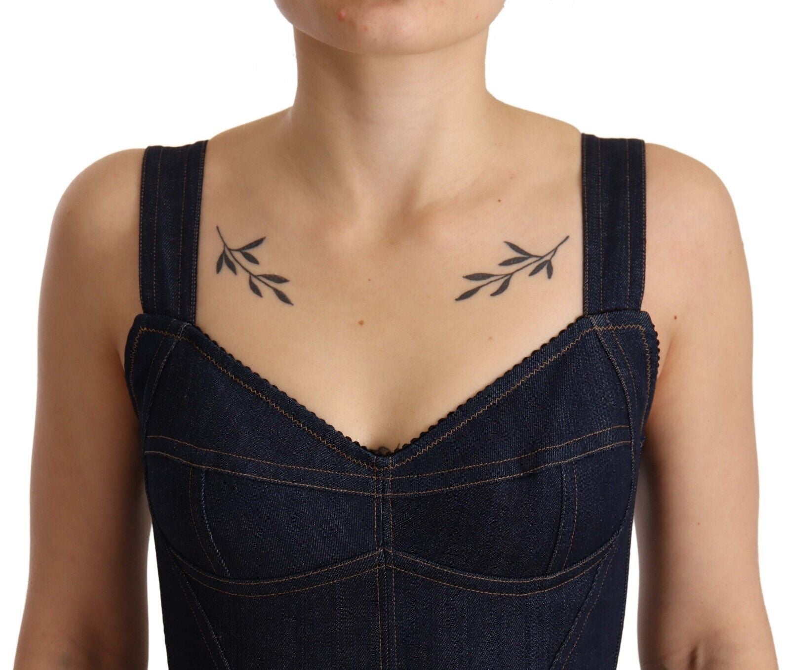 Dark blue cotton denim sheath midi dress by Dolce & Gabbana, fitted silhouette with sleeveless design and classic round neckline.