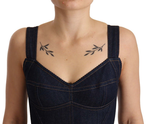Dark blue cotton denim sheath midi dress by Dolce & Gabbana, fitted silhouette with sleeveless design and classic round neckline.