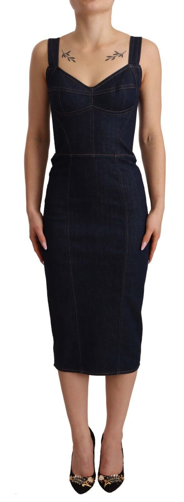 Dark blue cotton denim sheath midi dress by Dolce & Gabbana displayed on a hanger, showcasing its tailored fit and classic design.