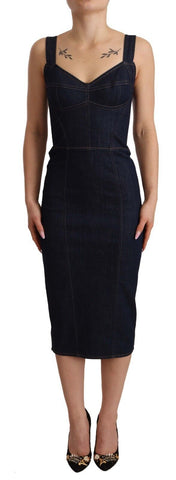 Dark blue cotton denim sheath midi dress by Dolce & Gabbana displayed on a hanger, showcasing its tailored fit and classic design.