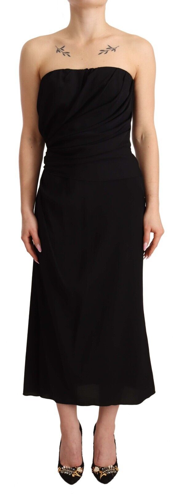 Black silk stretch strapless sheath midi dress by Dolce & Gabbana, fitted silhouette with a smooth, elegant fabric finish.