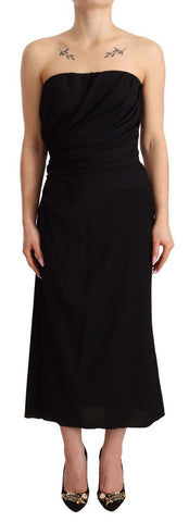 Black silk stretch strapless sheath midi dress by Dolce & Gabbana, fitted silhouette with a smooth, elegant fabric finish.