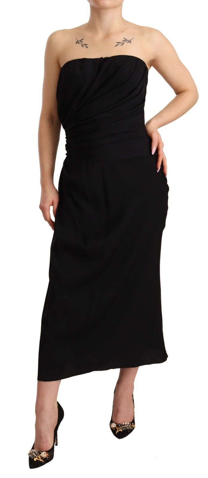 Black silk stretch strapless sheath midi dress by Dolce & Gabbana, featuring a sleek, fitted silhouette and elegant design.