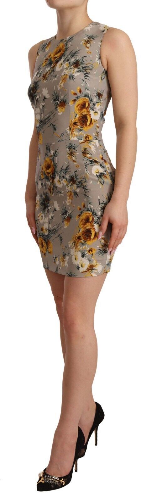 Gray silk stretch floral sheath mini dress by Dolce & Gabbana, featuring a fitted silhouette and elegant floral pattern.