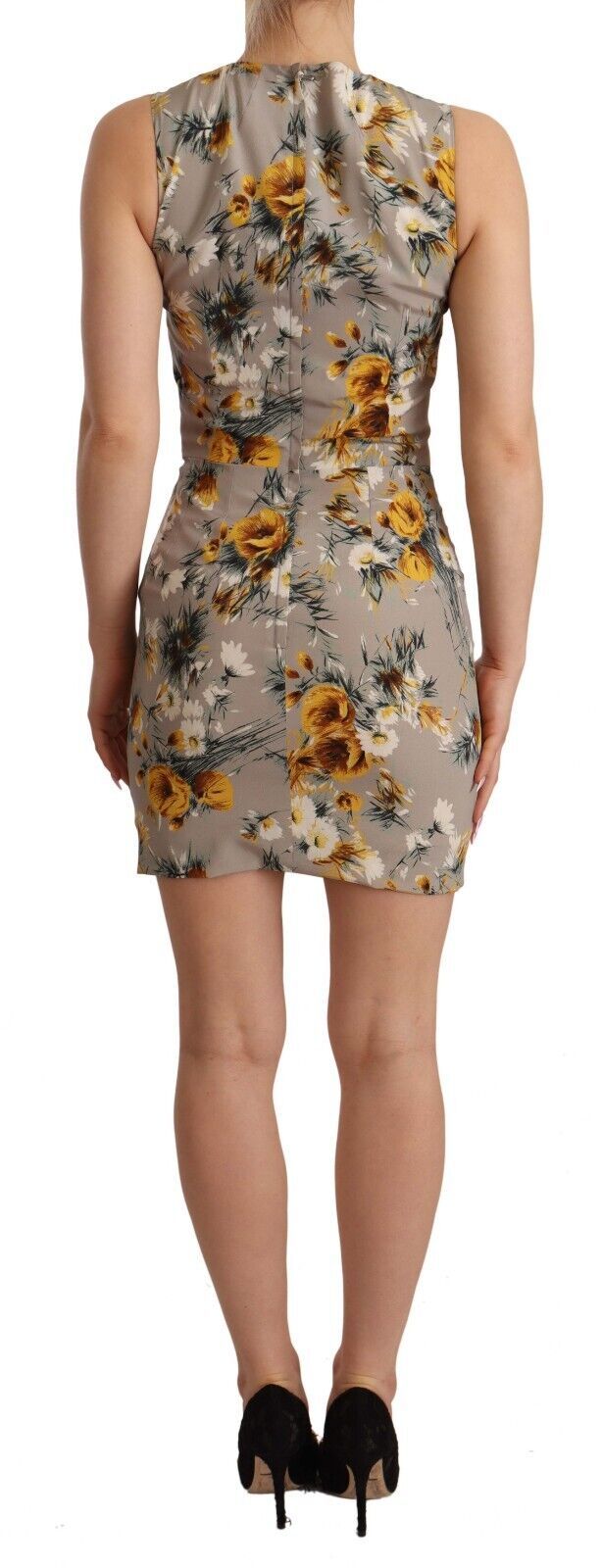 Gray silk stretch floral sheath mini dress by Dolce & Gabbana, featuring a fitted silhouette and elegant floral pattern.