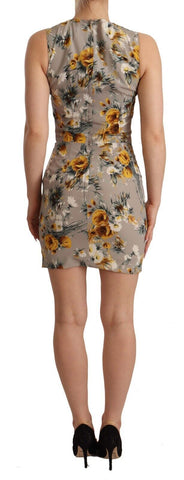 Gray silk stretch floral sheath mini dress by Dolce & Gabbana, featuring a fitted silhouette and elegant floral pattern.