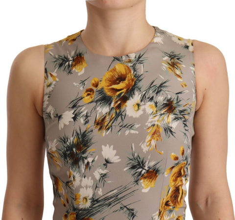 Gray silk stretch floral sheath mini dress by Dolce & Gabbana, featuring a fitted silhouette and floral pattern.