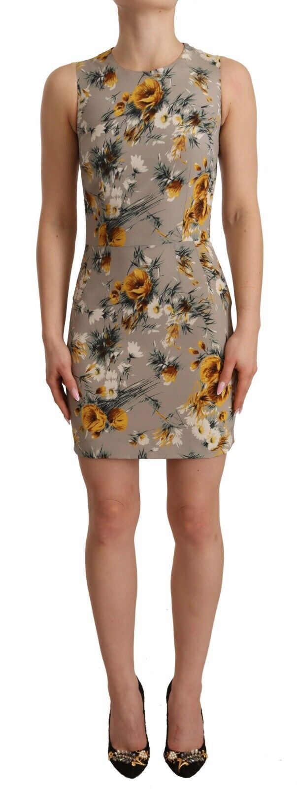 Gray silk stretch floral sheath mini dress by Dolce & Gabbana displayed on a hanger.