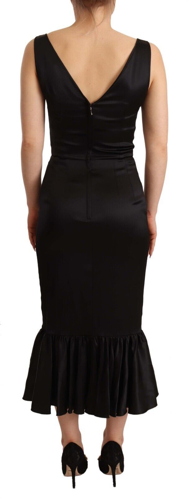 Black silk stretch sheath mermaid midi dress by Dolce & Gabbana, form-fitting with a sleek, elegant silhouette and smooth fabric.
