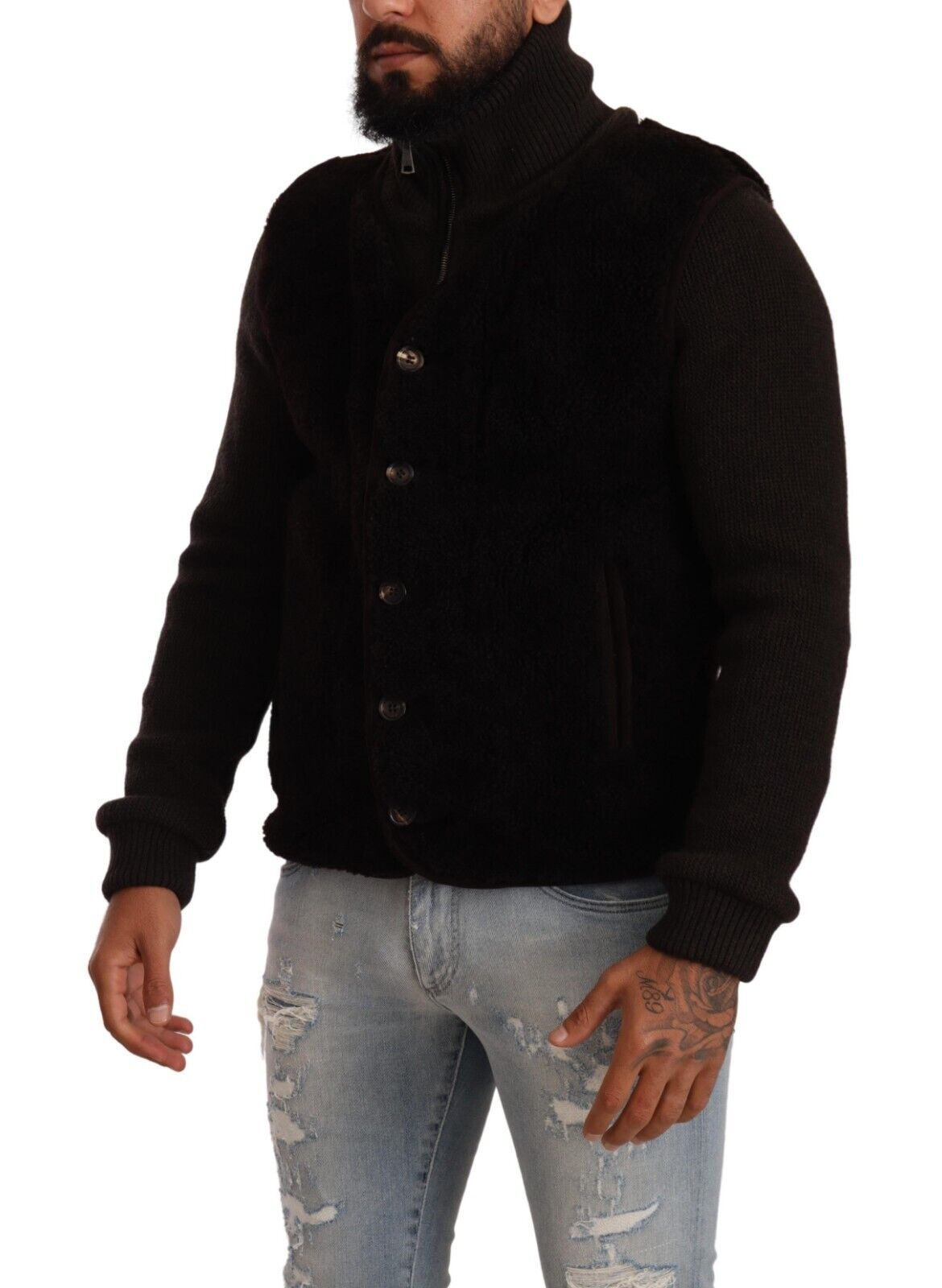 Black leather men's turtle neck coat jacket by Dolce & Gabbana, showing the sleek design and high-quality material.