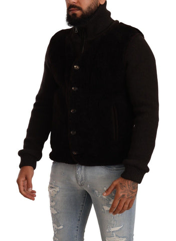 Black leather men's turtle neck coat jacket by Dolce & Gabbana, showing the sleek design and high-quality material.