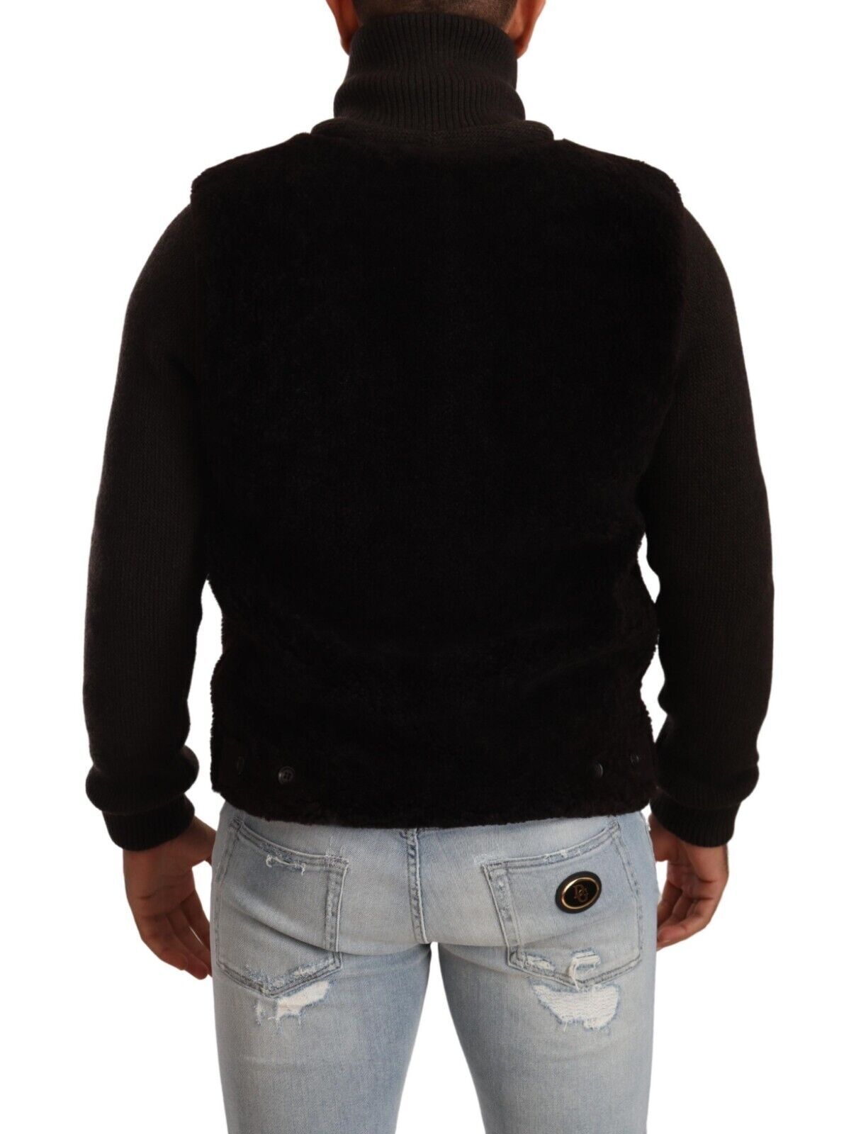 Black leather men's turtle neck coat jacket by Dolce & Gabbana, featuring a sleek, fitted design and classic style.