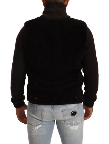 Black leather men's turtle neck coat jacket by Dolce & Gabbana, featuring a sleek, fitted design and classic style.