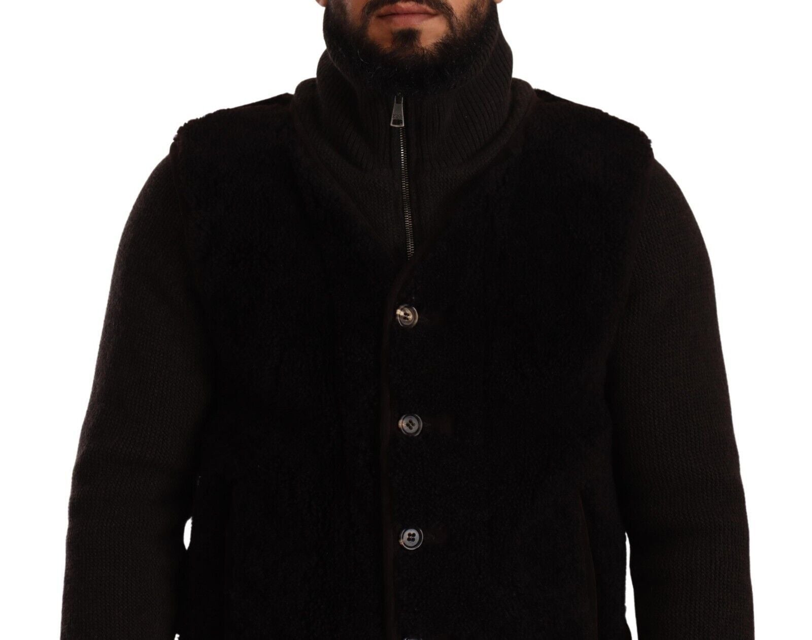 Black leather men's turtleneck coat jacket by Dolce & Gabbana, featuring a sleek fit and classic design.