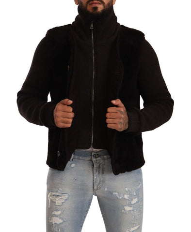 Black leather men's turtle neck coat jacket by Dolce & Gabbana, featuring a sleek design and classic collar details.