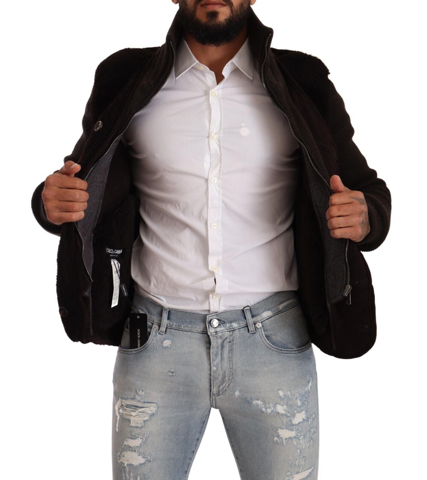 Black leather men's turtle neck coat jacket by Dolce & Gabbana, featuring a sleek design and classic collar.