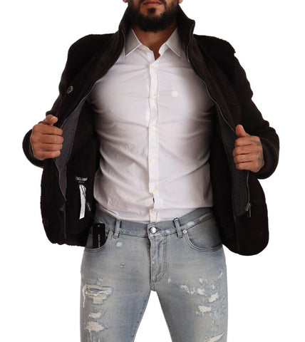 Black leather men's turtle neck coat jacket by Dolce & Gabbana, featuring a sleek design and classic collar.