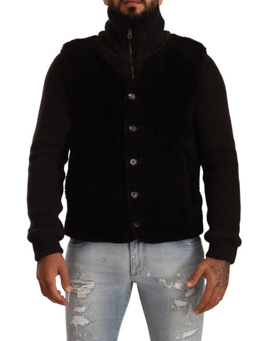 Black leather men's turtle neck coat jacket by Dolce & Gabbana, featuring a sleek design and classic style.