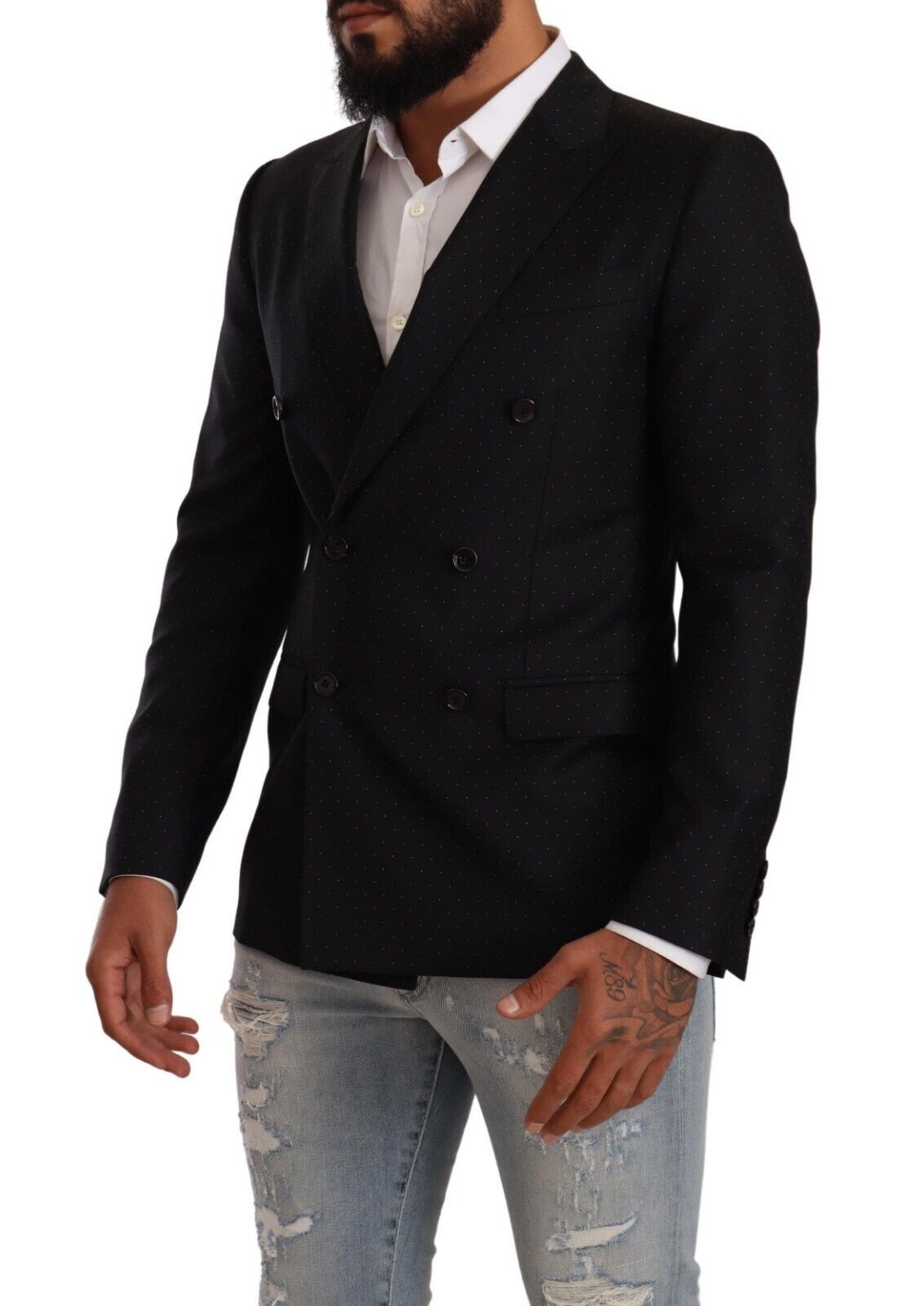 Black dotted double-breasted Martini jacket by Dolce & Gabbana, tailored fit with stylish lapels and button details.