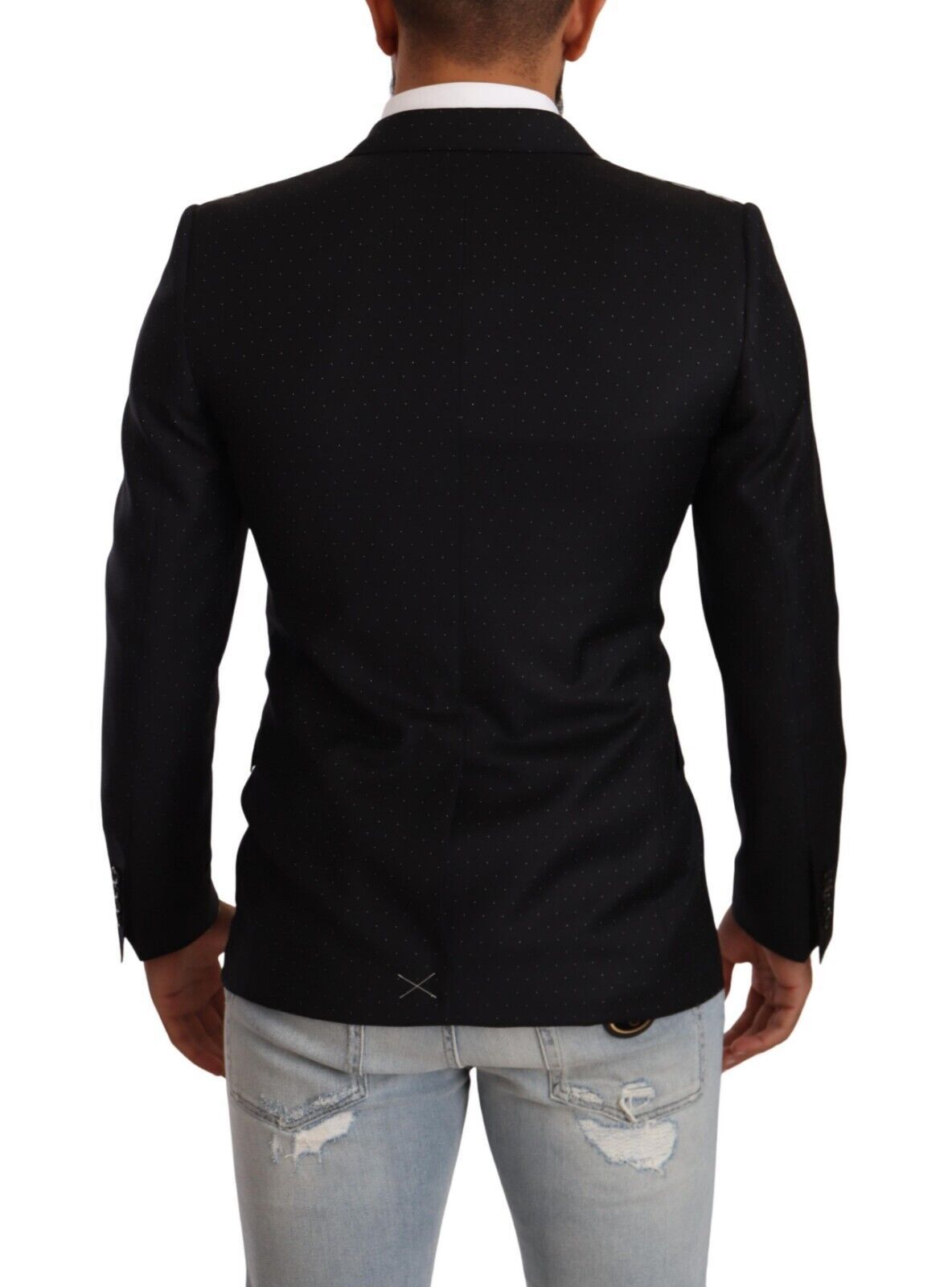 Black dotted double-breasted Martini jacket by Dolce & Gabbana, tailored fit with lapels and button closure.