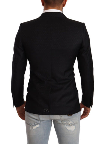 Black dotted double-breasted Martini jacket by Dolce & Gabbana, tailored fit with lapels and button closure.