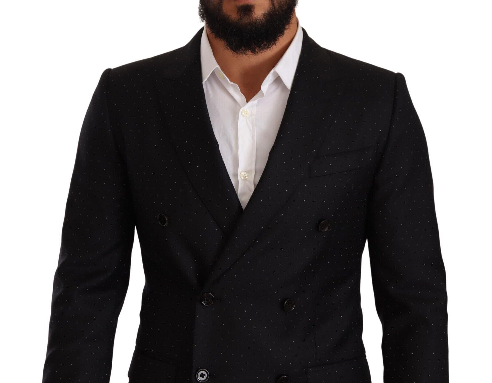 Black dotted double-breasted Martini jacket by Dolce & Gabbana with sleek lapels and tailored fit, displayed on a mannequin.