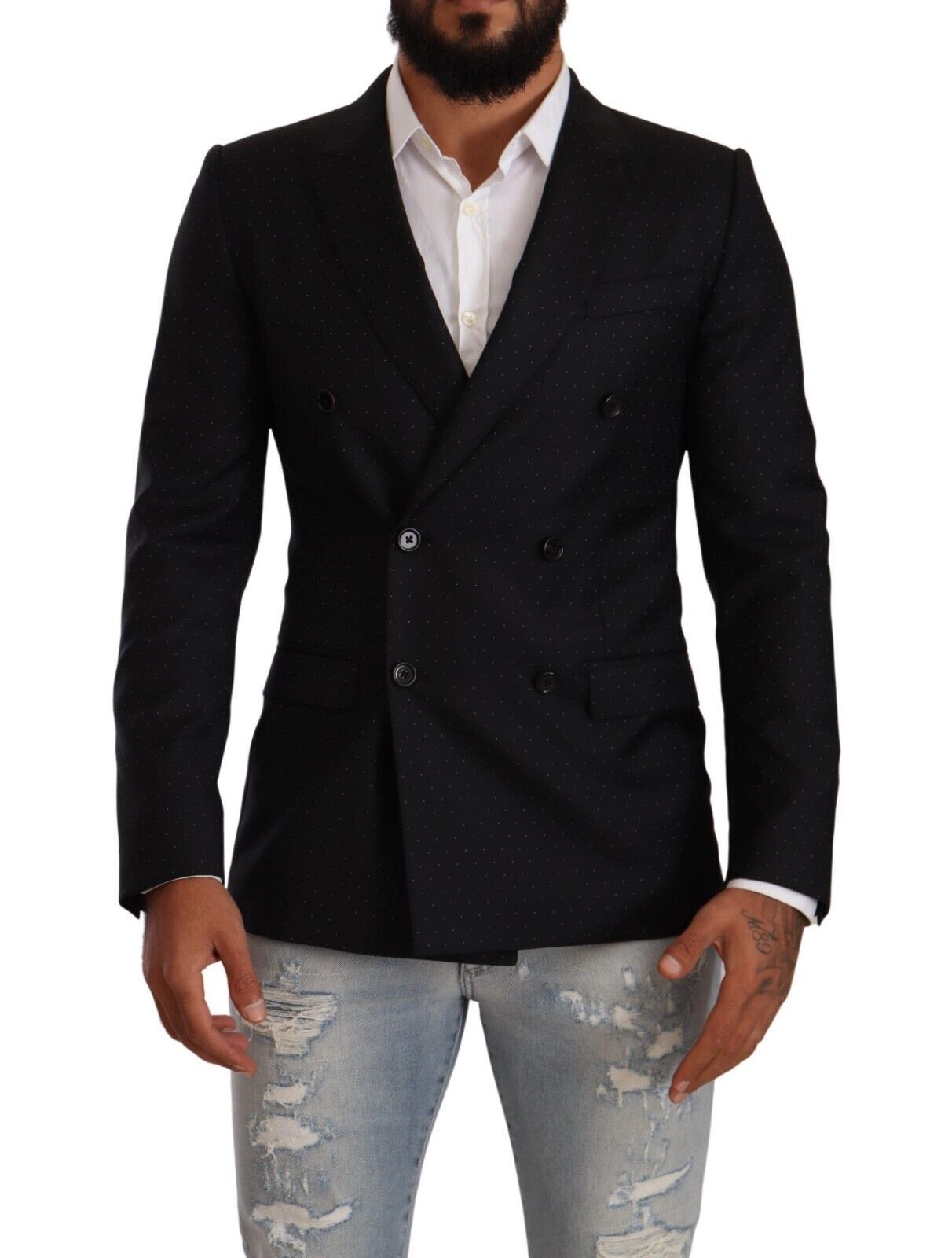 Black dotted double-breasted Martini jacket by Dolce & Gabbana, featuring a tailored fit and stylish design.