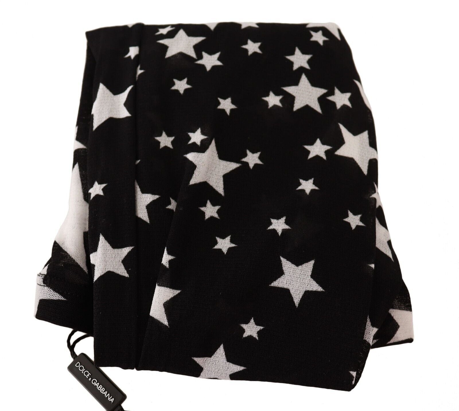 Black nylon stockings with white star print by Dolce & Gabbana, featuring a sheer, smooth texture and star pattern design.