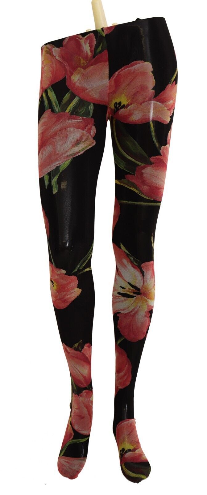 Black floral print nylon tights stockings by Dolce & Gabbana, featuring intricate floral patterns and a sheer, stretchy design.