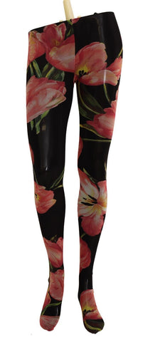Black floral print nylon tights stockings by Dolce & Gabbana, featuring intricate floral patterns and a sheer, stretchy design.